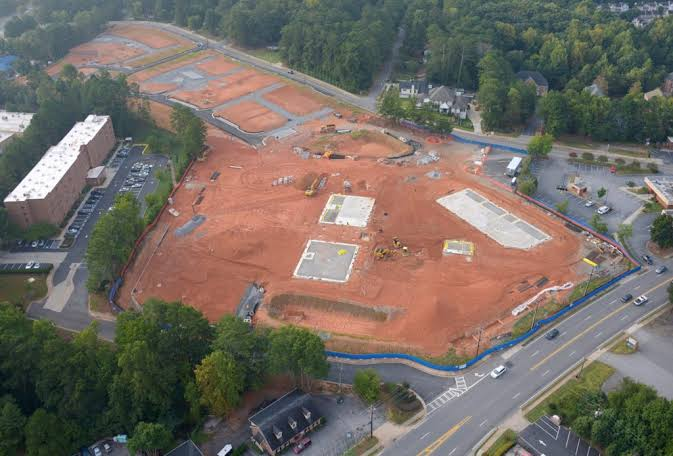 Aerial view of site excavation and foundation grading for residential construction in Alpharetta GA
